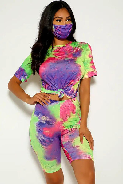 Lime Purple  Short Sleeve Two Tone Three Piece Outfit - AMIClubwear