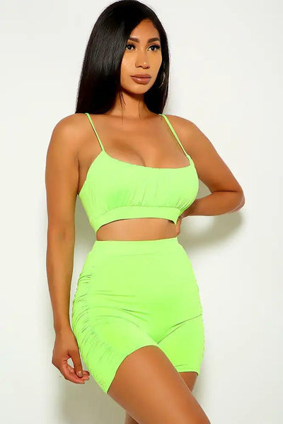 Lime Ruched Sleeveless Two Piece Outfit - AMIClubwear