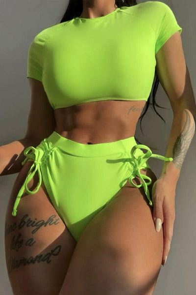 Lime Short Sleeve Sexy Two Piece Swimsuit - AMIClubwear