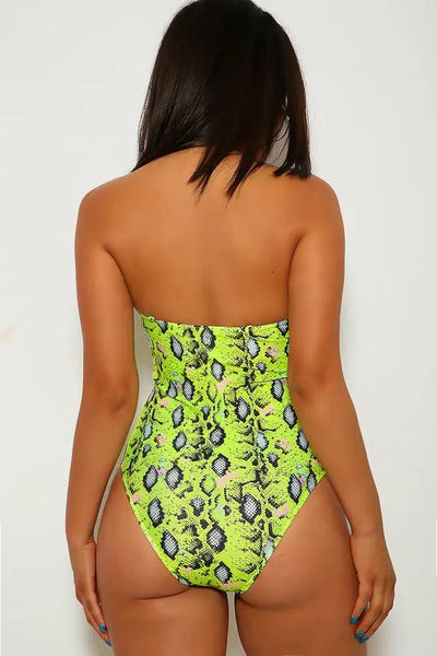 Lime Snake Animal Print Lace Up One Piece Swimsuit - AMIClubwear