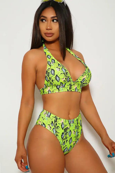 Lime Snake High Waist Two Piece Swimsuit - AMIClubwear