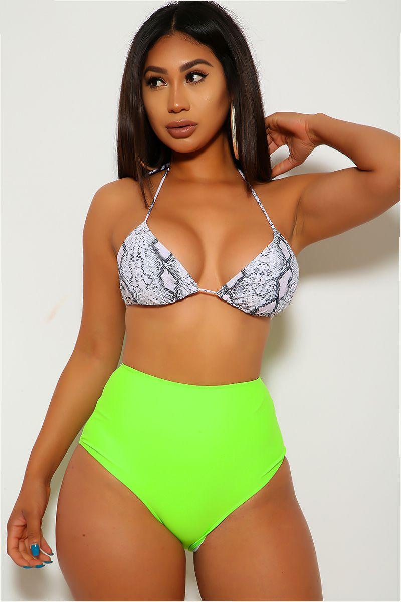 Lime Snake Print Halter High Waist Two Piece Swimsuit - AMIClubwear