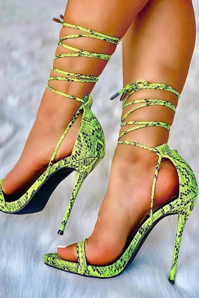 Lime Snake Print Lace Up High Heels - AMIClubwear