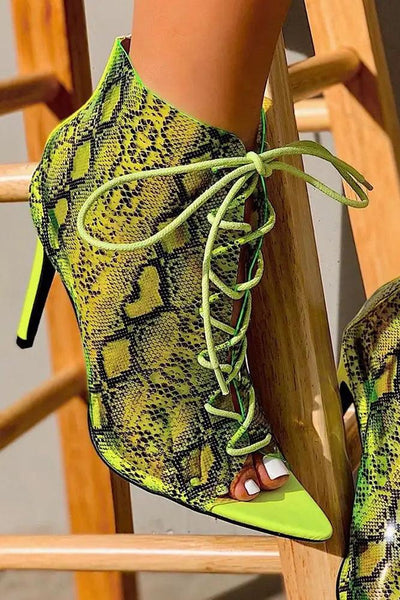 Lime Snake Print Lace Up Peep Toe High Heels - AMIClubwear
