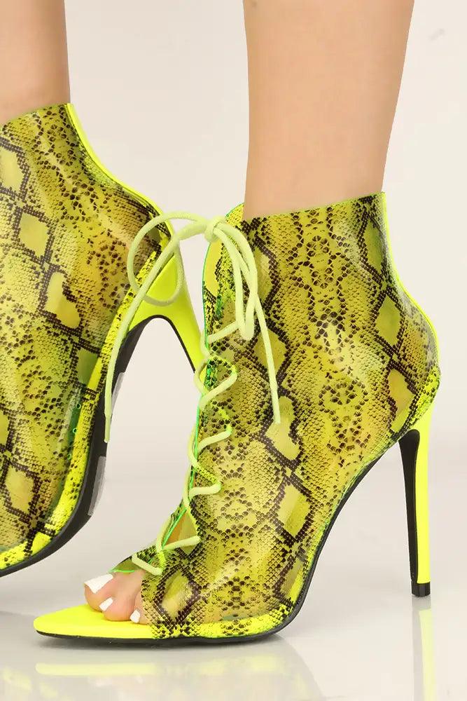 Lime Snake Print Lace Up Peep Toe High Heels - AMIClubwear