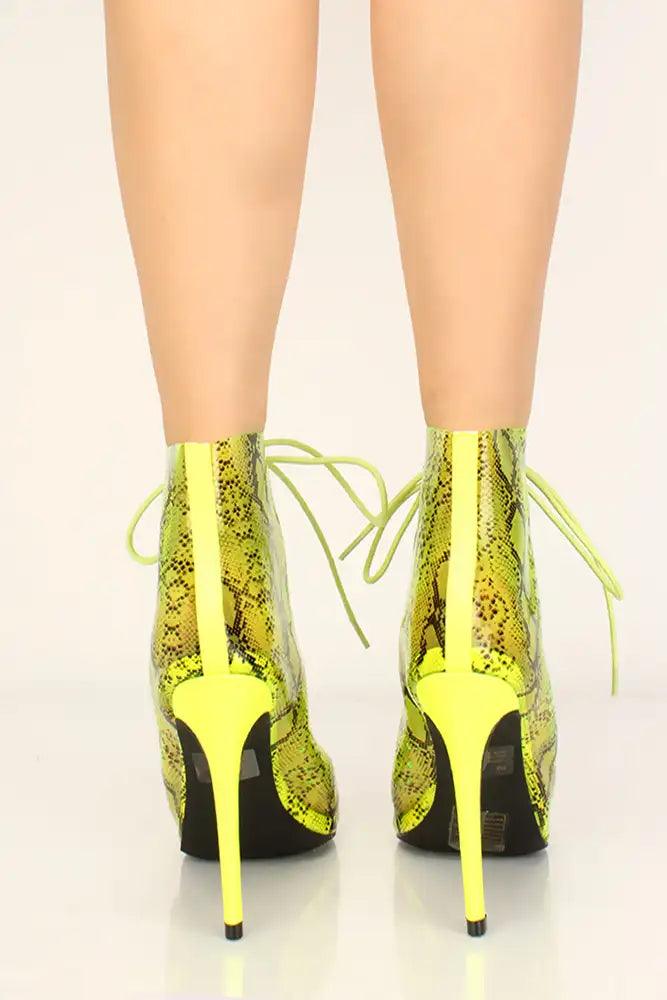 Lime Snake Print Lace Up Peep Toe High Heels - AMIClubwear