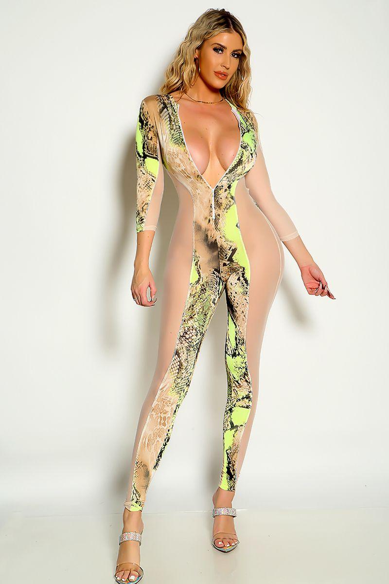 Lime Snake Print Long Sleeve Mesh Sexy Fitted Jumpsuit - AMIClubwear