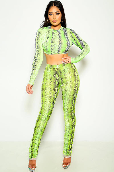 Lime Snake Print Long Sleeve Sexy 2 Pc Outfit - AMIClubwear