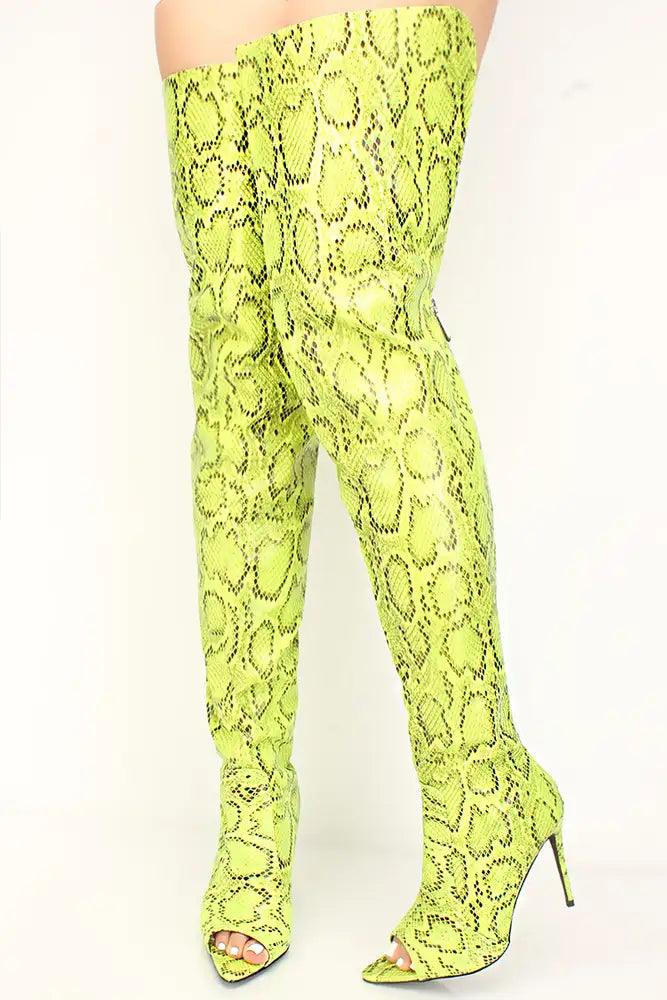 Lime Snake Print Peep Toe Thigh High Boots - AMIClubwear