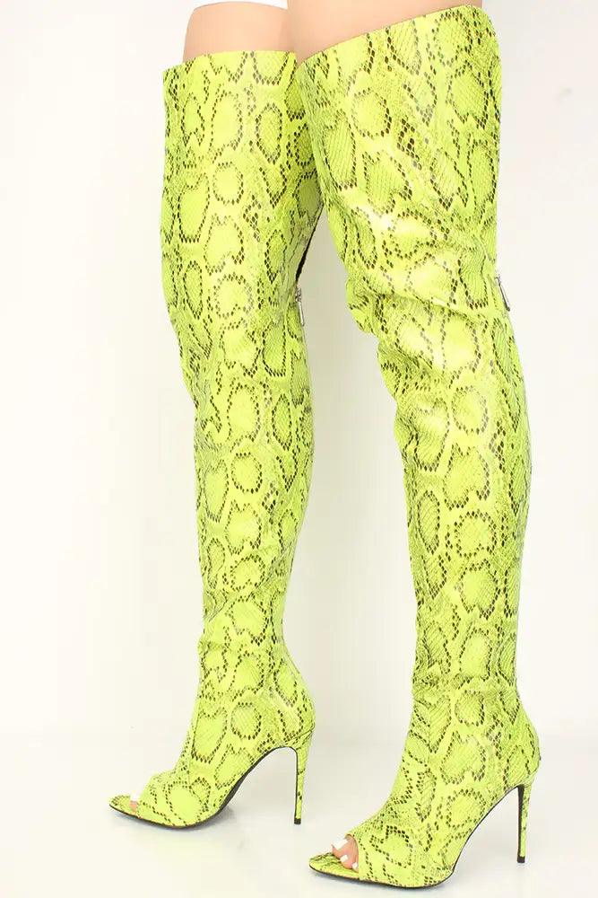 Lime Snake Print Peep Toe Thigh High Boots - AMIClubwear