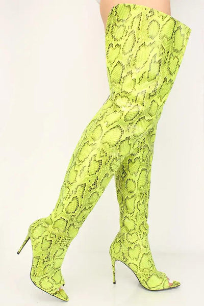 Lime Snake Print Peep Toe Thigh High Boots - AMIClubwear