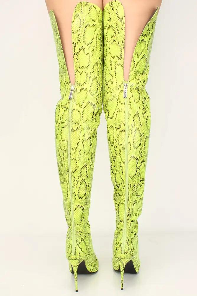 Lime Snake Print Peep Toe Thigh High Boots - AMIClubwear