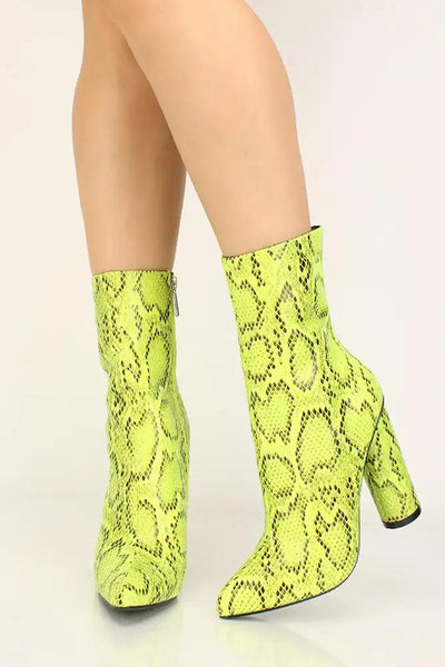 Lime Snake Print Pointy Toe Chunky Heel Booties - AMIClubwear