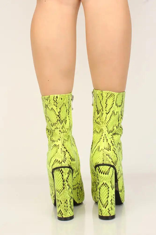 Lime Snake Print Pointy Toe Chunky Heel Booties - AMIClubwear