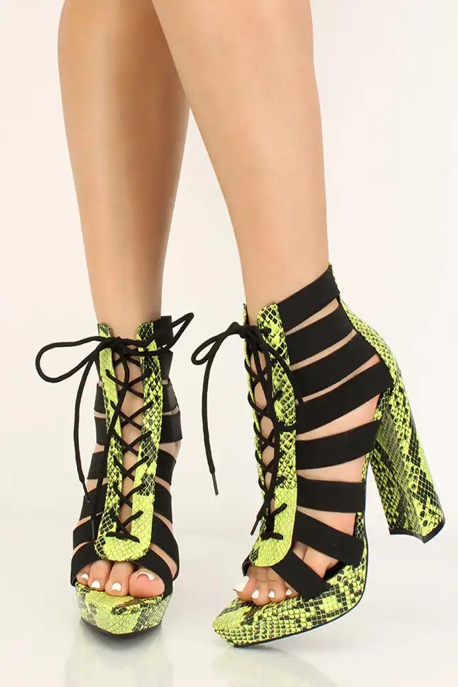 Lime Snake Print Strappy Lace Up Chunky Heels - AMIClubwear