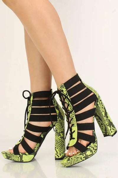 Lime Snake Print Strappy Lace Up Chunky Heels - AMIClubwear