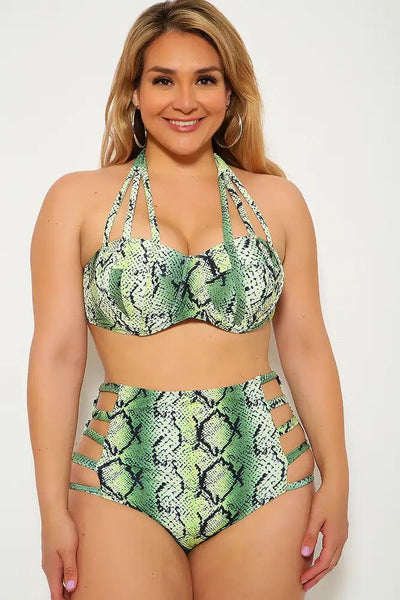 Lime Snake Print Strappy Plus Size Two Piece Swimsuit - AMIClubwear