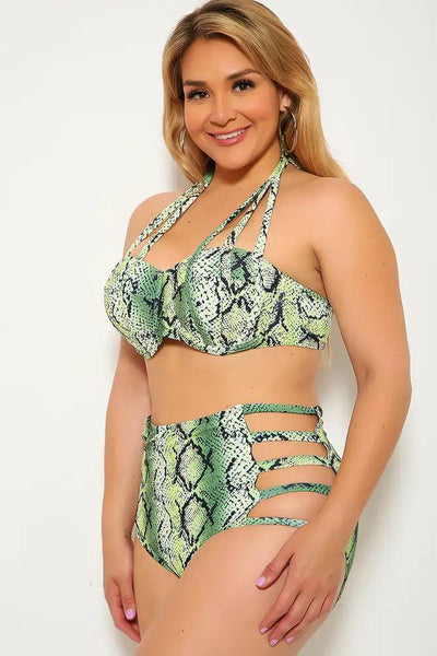 Lime Snake Print Strappy Plus Size Two Piece Swimsuit - AMIClubwear