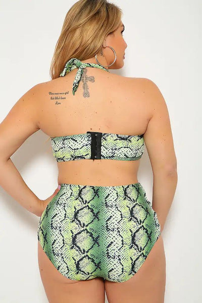 Lime Snake Print Strappy Plus Size Two Piece Swimsuit - AMIClubwear