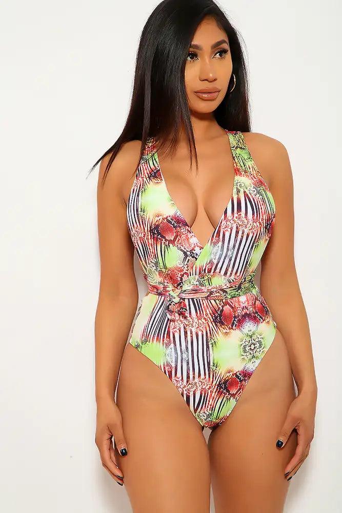Lime Snake Print V-Cut One Piece Swimsuit - AMIClubwear