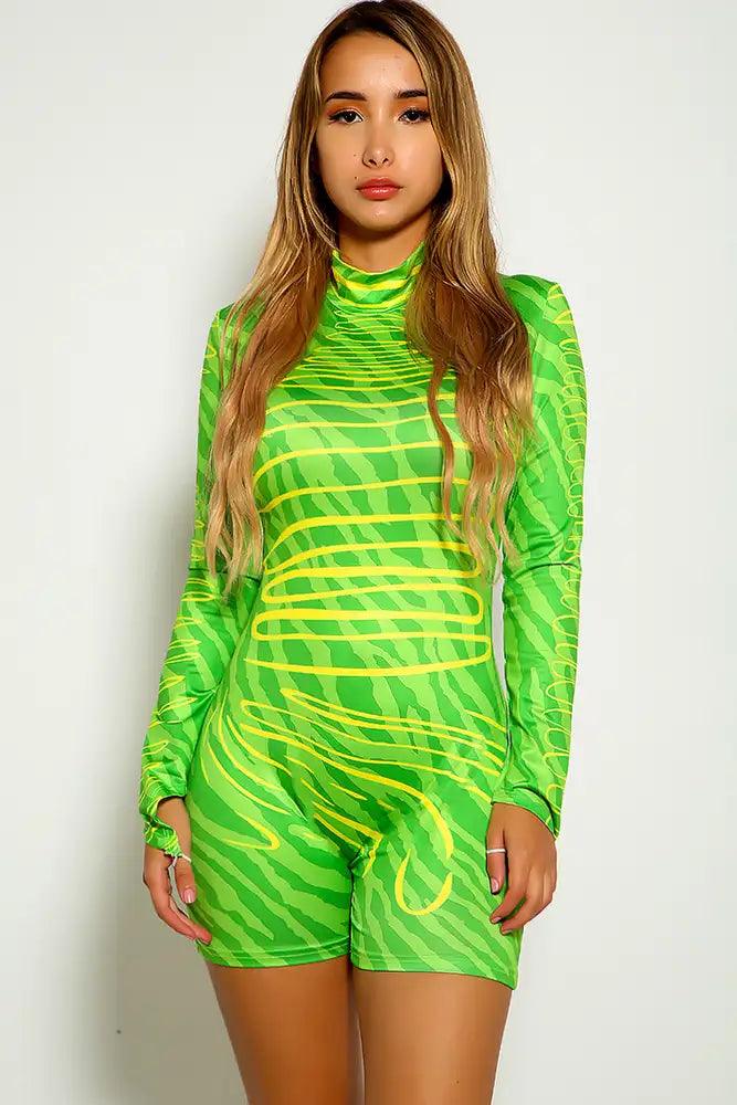 Lime Yellow Long Sleeve Two Tone Romper - AMIClubwear