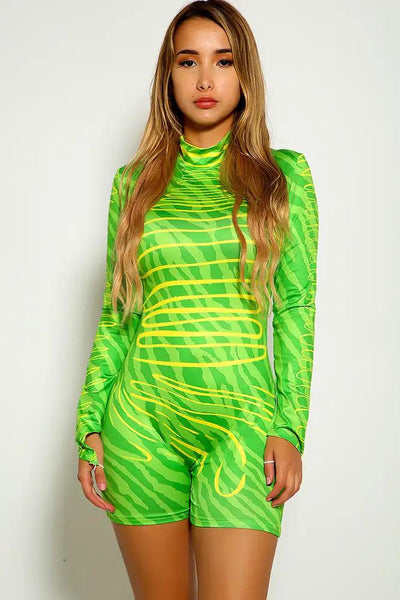 Lime Yellow Long Sleeve Two Tone Romper - AMIClubwear