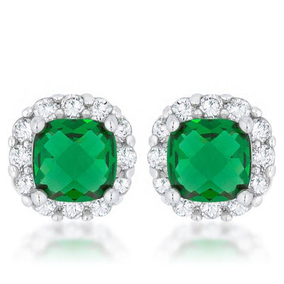 Liz 2ct Emerald CZ Rhodium Classic Cushion Stud Earrings - AMIClubwear