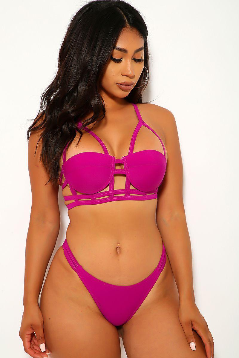 Magenta Caged Two Piece Swimsuit - AMIClubwear