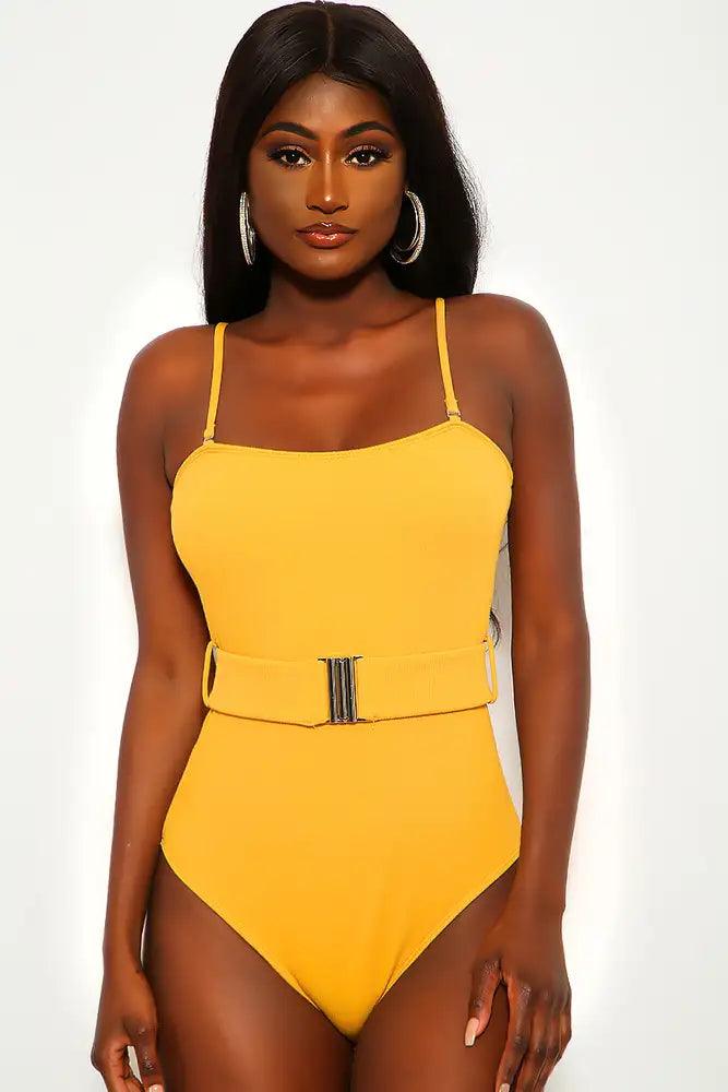 Marigold Belted Ribbed One Piece Swimsuit - AMIClubwear