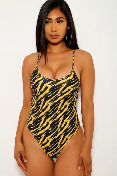 Marigold Black Printed One Piece Swimsuit - AMIClubwear