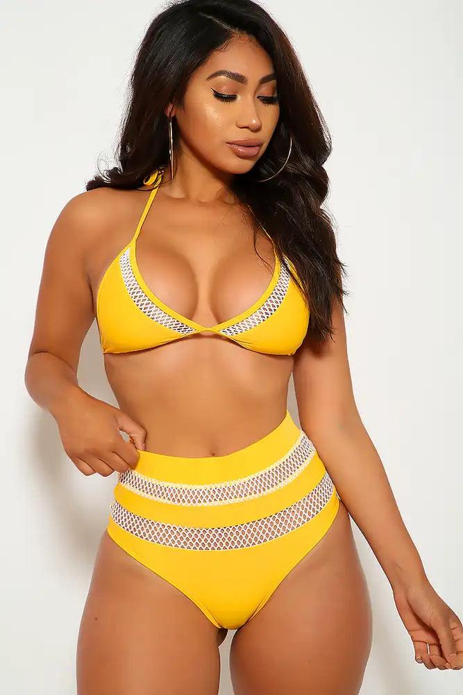 Marigold Netted Halter High Waist Two Piece Swimsuit - AMIClubwear