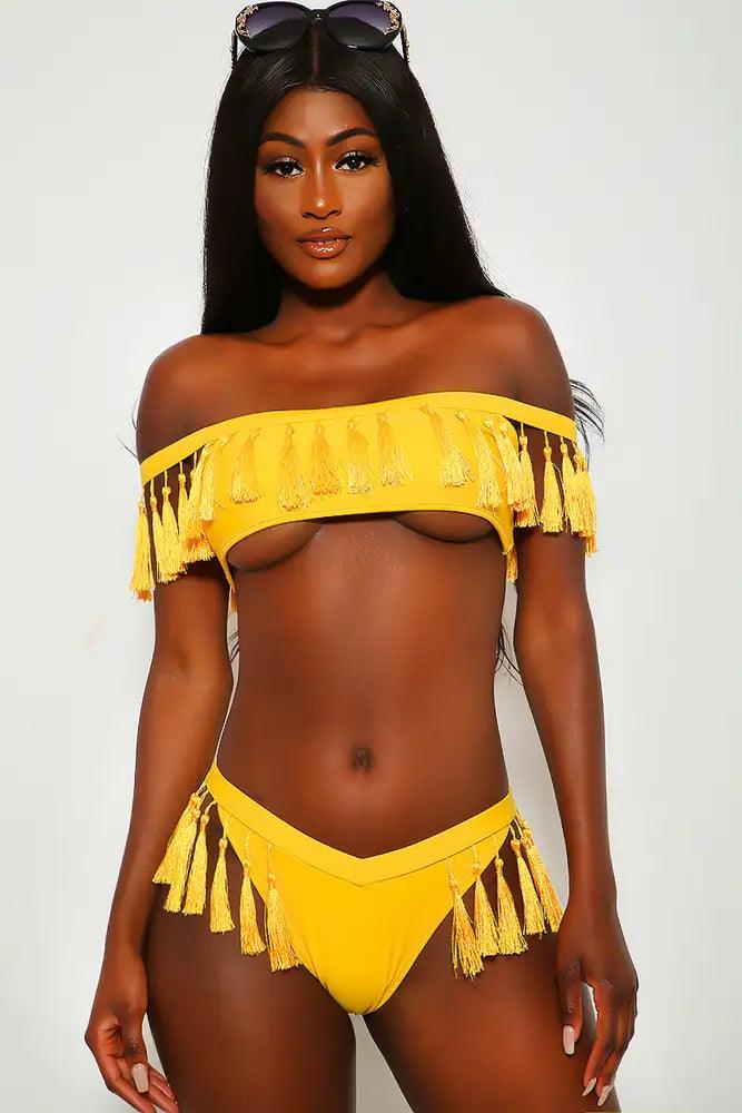Marigold Tassel Fringed Off The Shoulder Two Piece Swimsuit - AMIClubwear