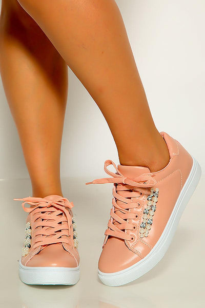 Mauve Faux Pearls Lace Up Sneakers - AMIClubwear