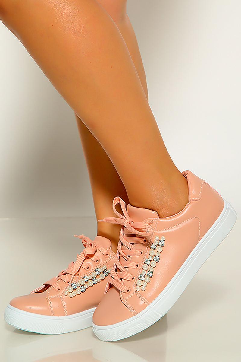 Mauve Faux Pearls Lace Up Sneakers - AMIClubwear