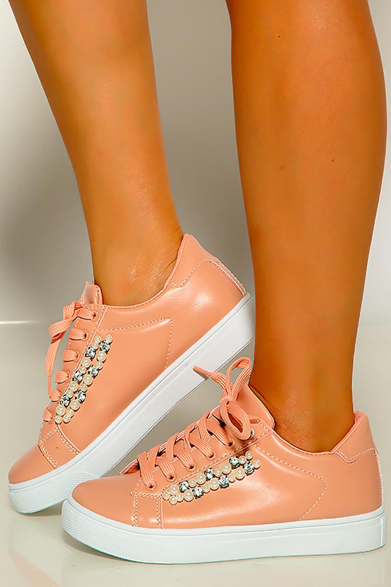 Mauve Faux Pearls Lace Up Sneakers - AMIClubwear