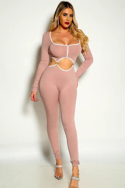 Mauve Long Sleeve O-Ring Cut Out Jumpsuit - AMIClubwear