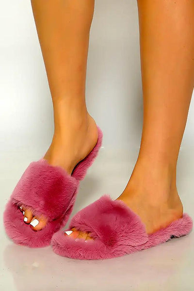Mauve Open Toe Faux Fur House Slippers Sandals - AMIClubwear