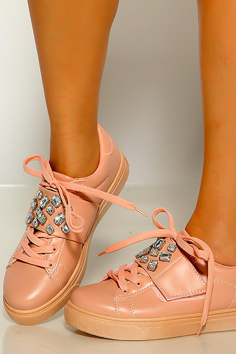 Mauve Rhinestones Accent Lace Up Sneakers - AMIClubwear