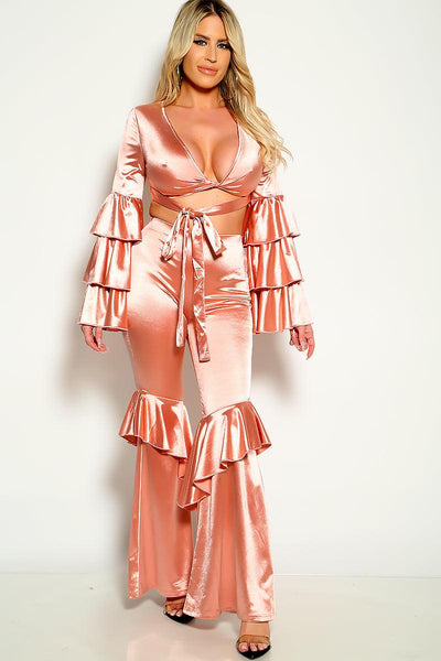 Mauve Satin Long Sleeves Flared Two Piece Outfit - AMIClubwear