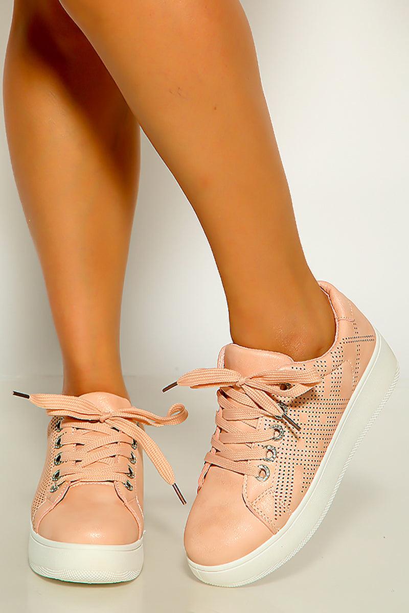 Mauve White Round Toe Lace Up Faux Suede Sneakers - AMIClubwear