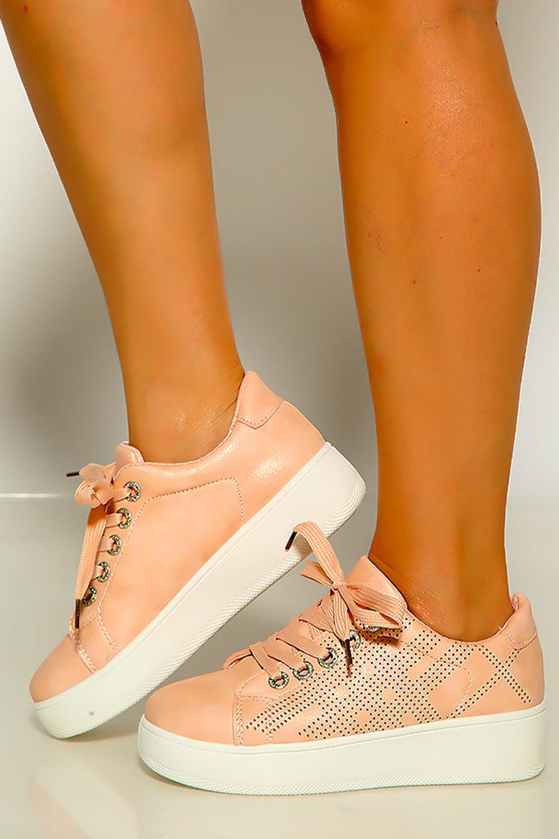 Mauve White Round Toe Lace Up Faux Suede Sneakers - AMIClubwear