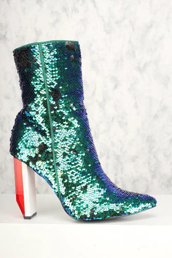 Mermaid Pointed Toe Asymmetrical Chunky Heel Mid Calf Boots Sequins - AMIClubwear