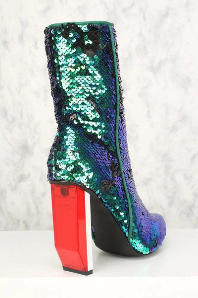 Mermaid Pointed Toe Asymmetrical Chunky Heel Mid Calf Boots Sequins - AMIClubwear