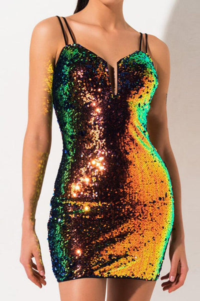 Mermaid Sequin Double Straps V-Wire Sexy Mini Party Dress - AMIClubwear
