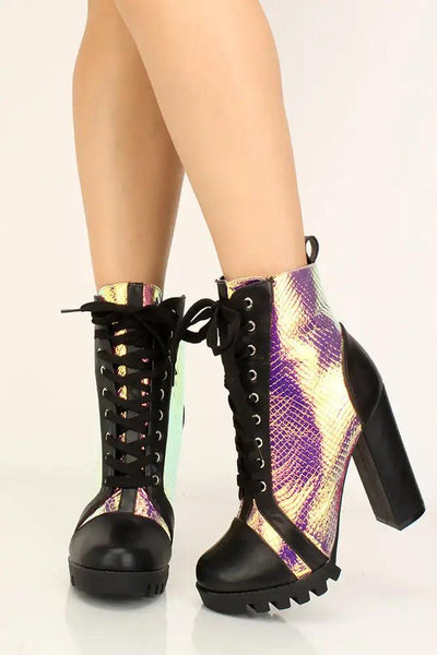 Metallic Faux Leather Lace Up Booties - AMIClubwear
