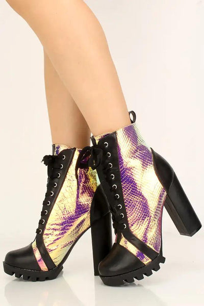 Metallic Faux Leather Lace Up Booties - AMIClubwear