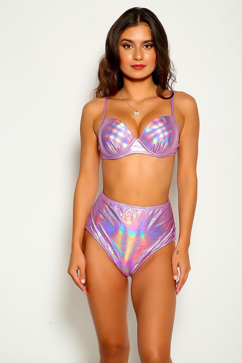 Metallic Pink High Waist Two Piece Swimsuit - AMIClubwear