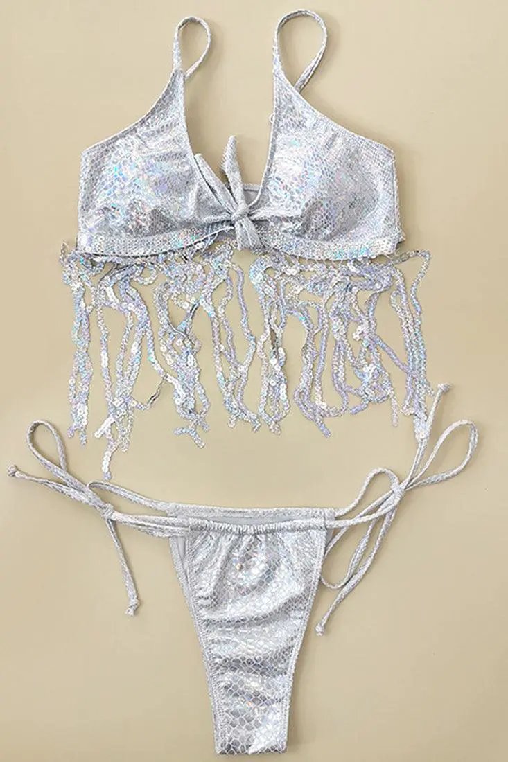 Metallic Silver Sequin Fringe 2 Pc Bikini Set