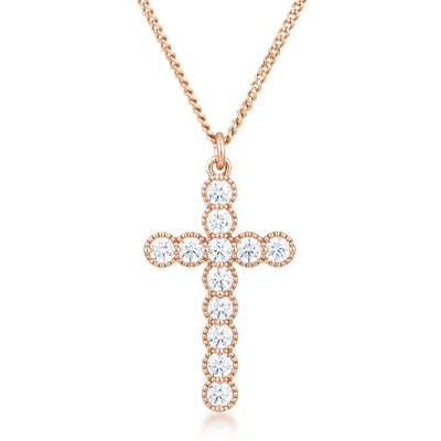 Micro Beaded Rose Gold Plated Clear CZ Cross Pendant - AMIClubwear