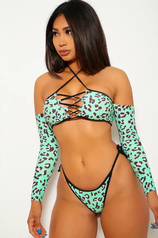 Mint Black Leopard Bare Shoulders Two Piece Swimsuit - AMIClubwear